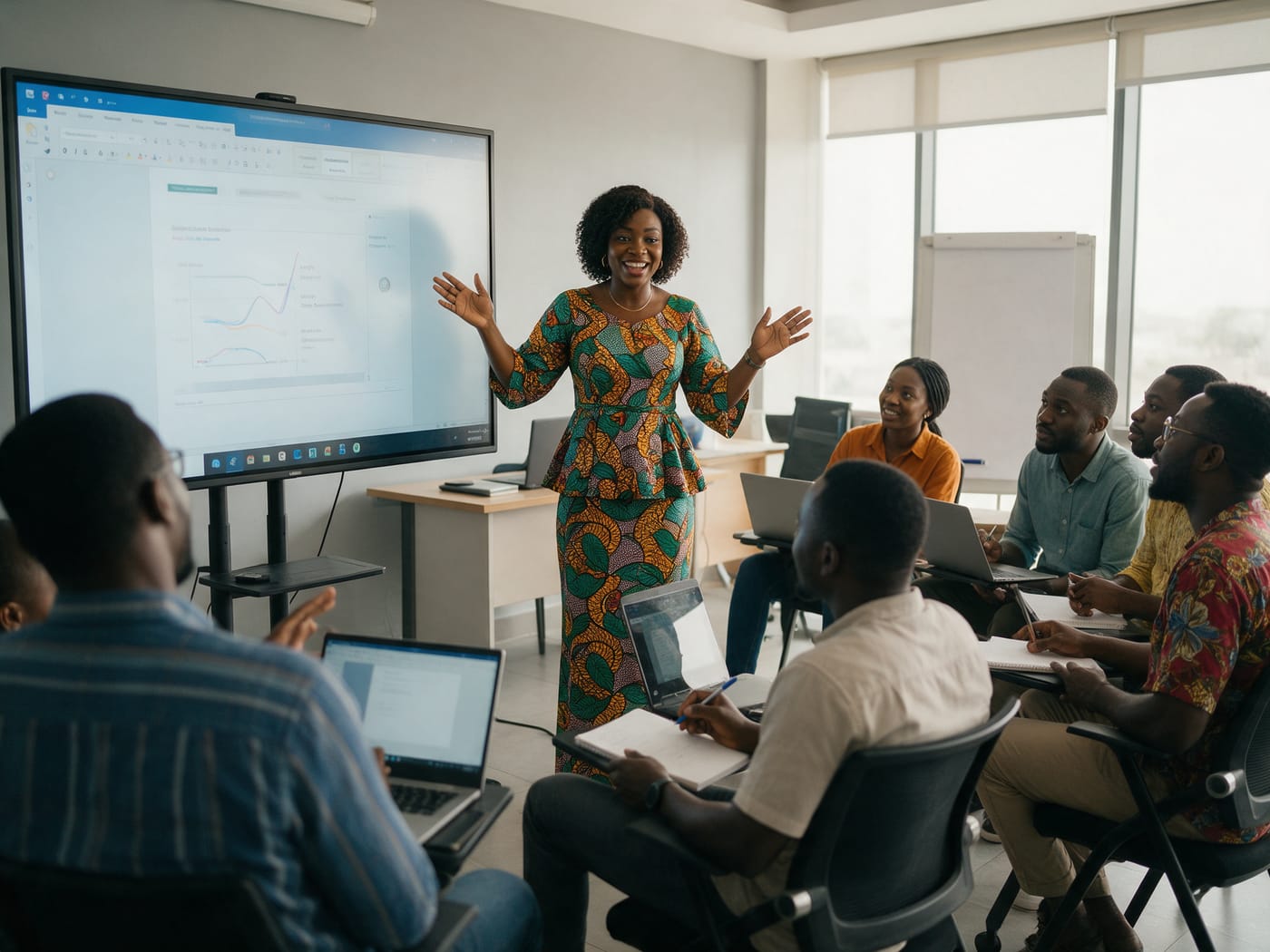 An instructor presenting to a class of adult learners with laptops in a bright training room