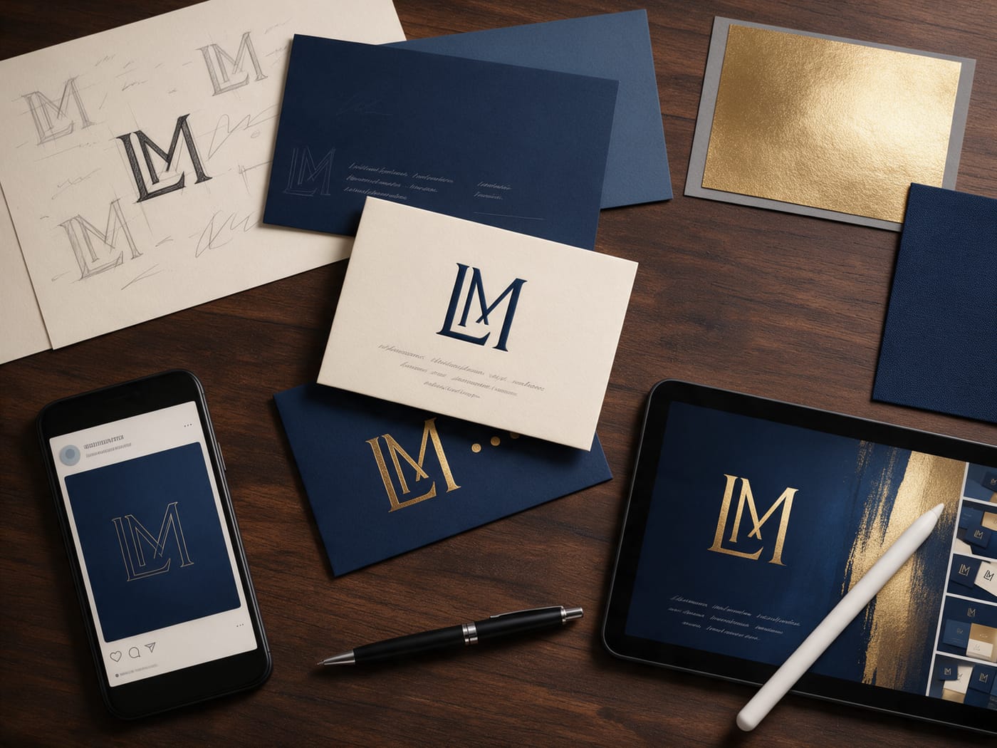 A brand identity project laid out on a desk: business cards, colour swatches in navy and gold, logo sketches and a phone with a social media post