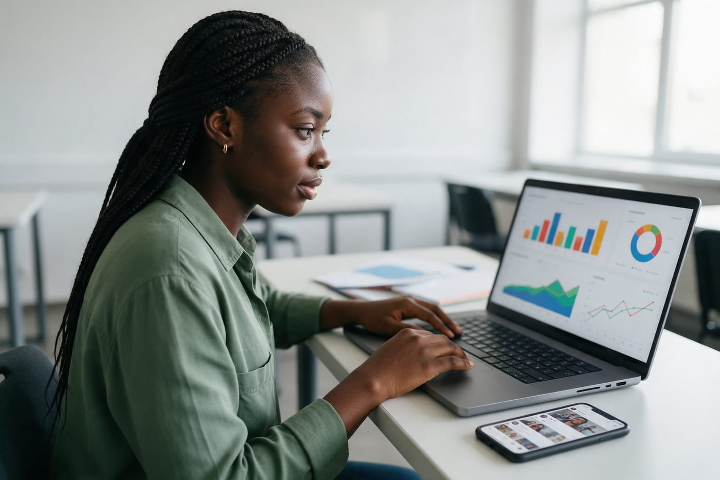 A learner at a laptop studying marketing charts and social media analytics