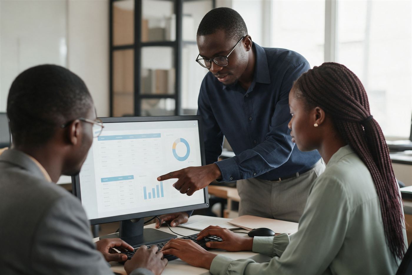 A Nigerian trainer showing office staff how to use business software on their screens