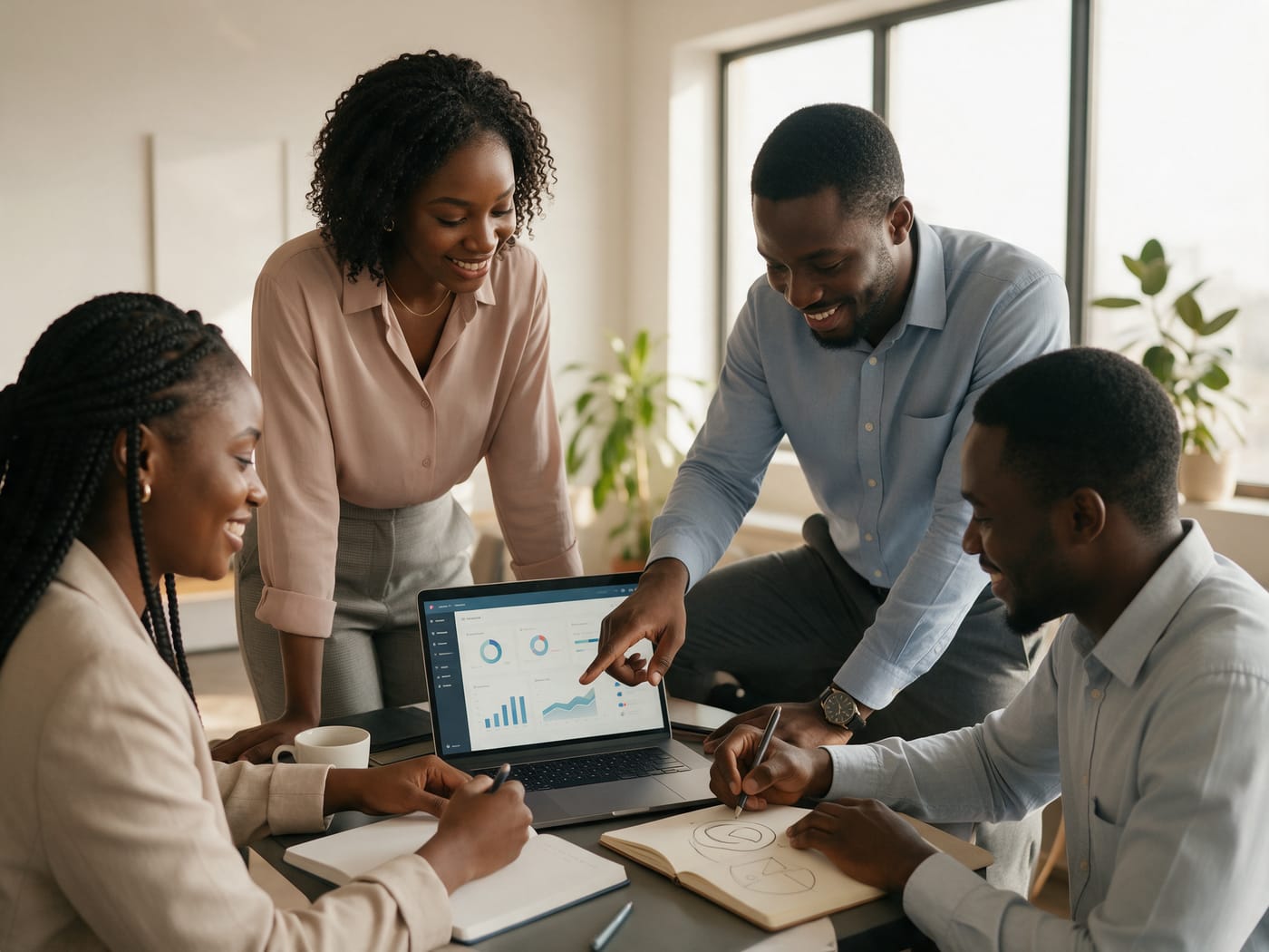 A team of young professionals working together around a laptop in a bright office