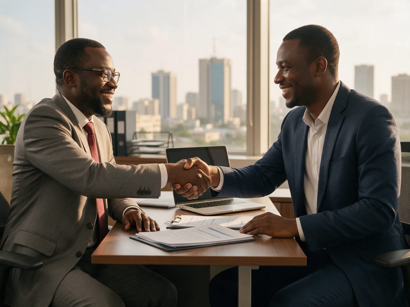 A consultant and a client shaking hands across a desk in a modern office, both smiling