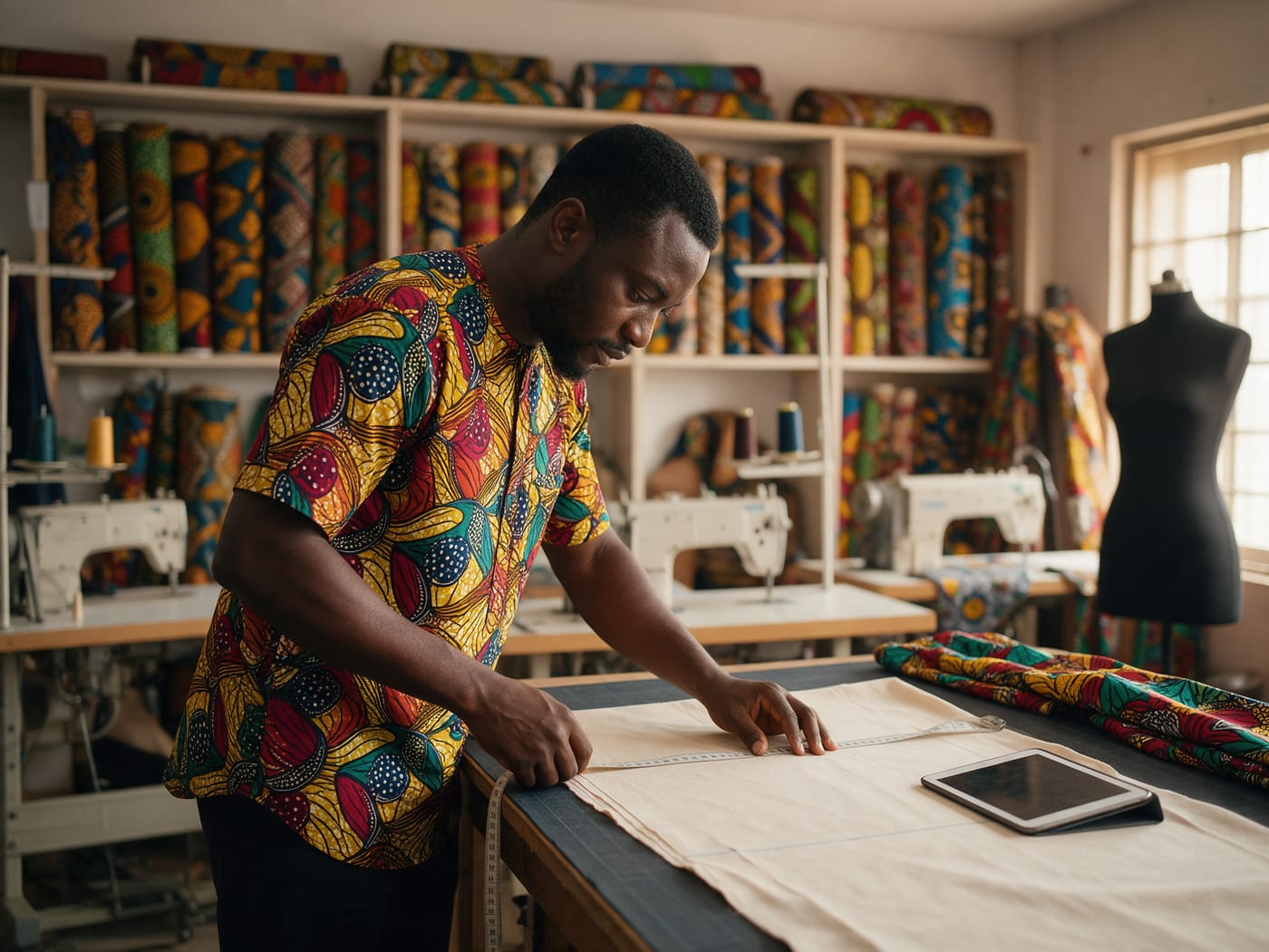 A tailor measuring fabric in a workshop full of colourful African prints