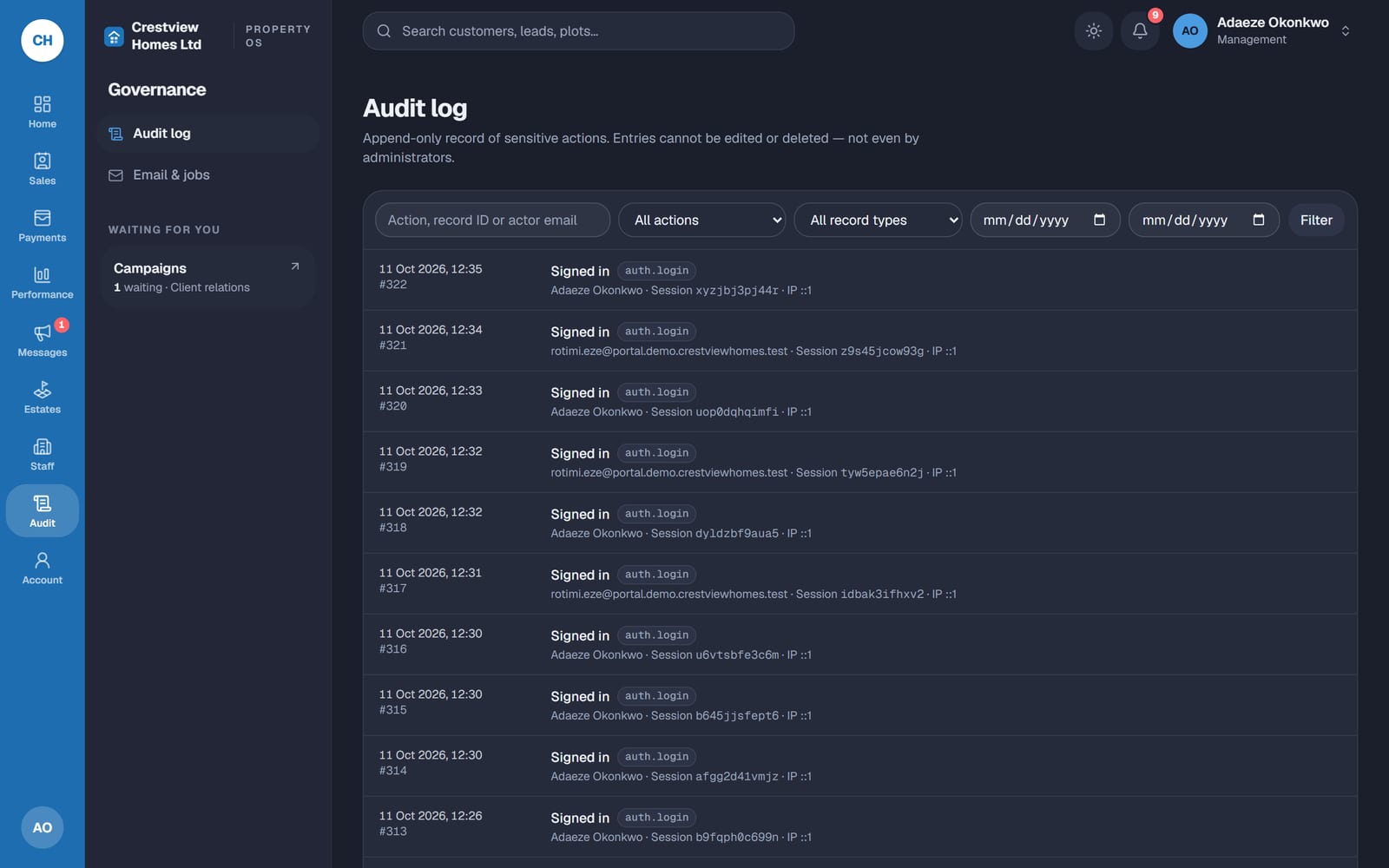 The audit log in PropertyOS, listing each recorded action with its date, time and the person who did it