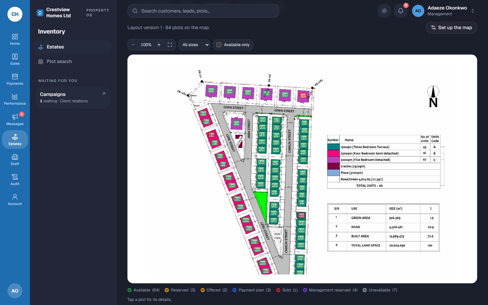 An estate site plan in PropertyOS, with every plot labelled and coloured on the map