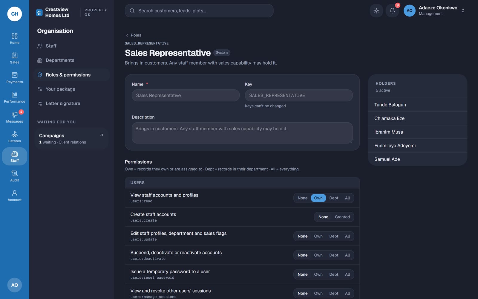 The Roles and permissions screen in PropertyOS, where each permission is set to None, Own, Dept or All