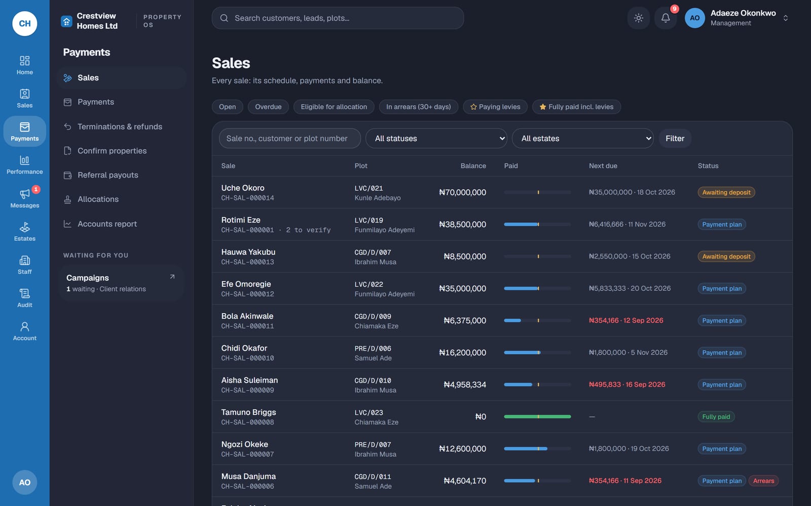 The sales list in PropertyOS, showing each customer, plot, balance, amount paid and next payment due