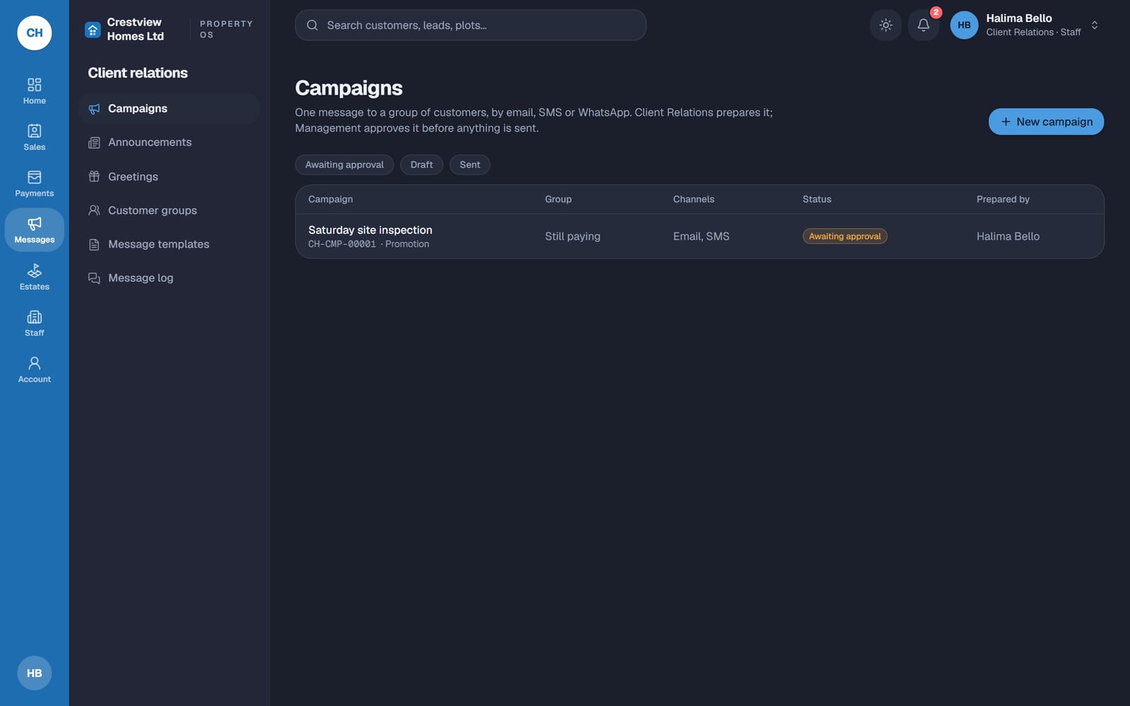 The Campaigns page as a Client Relations officer sees it, with a campaign to customers awaiting management's approval