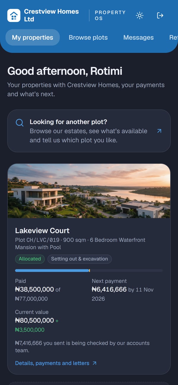 The customer portal on a phone, showing only this customer's own property and payments